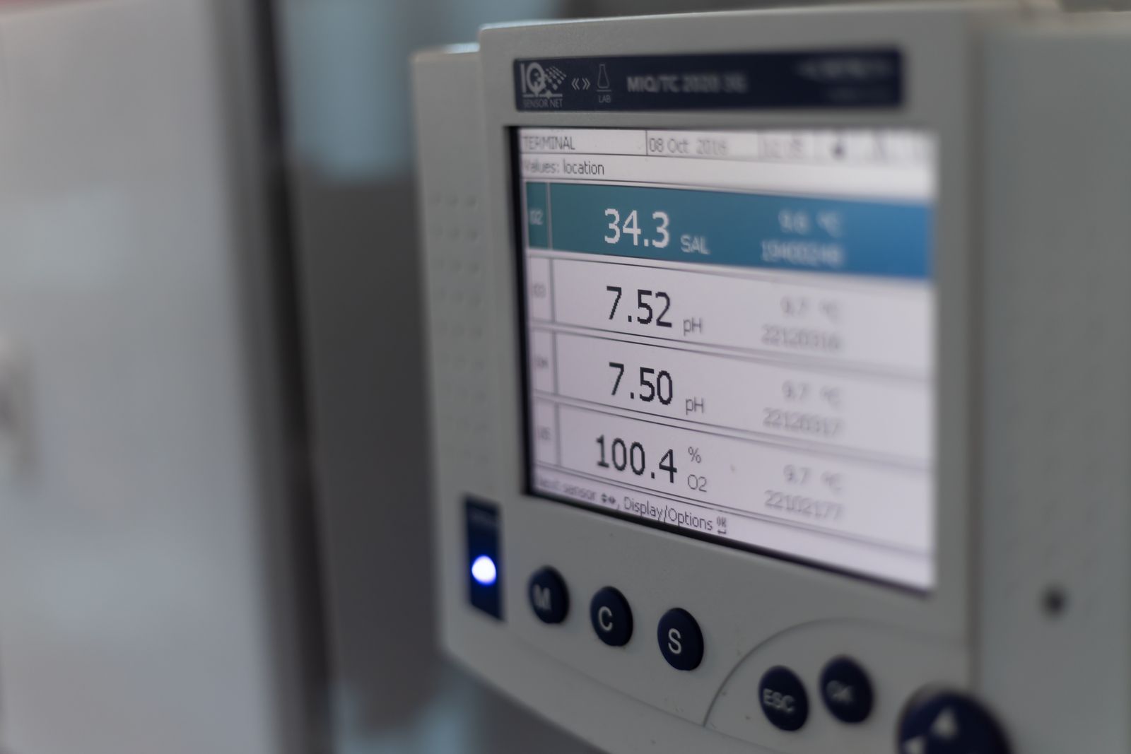 Water quality instrument showing salinity, pH and oxygen readings